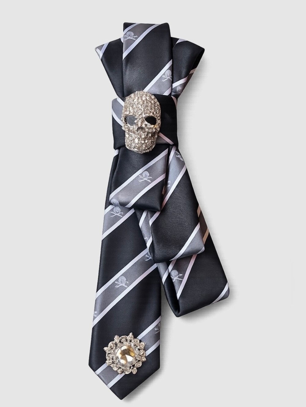 3/$60 Crystal Skull Accent Brooch On Black Striped Folded Cravat